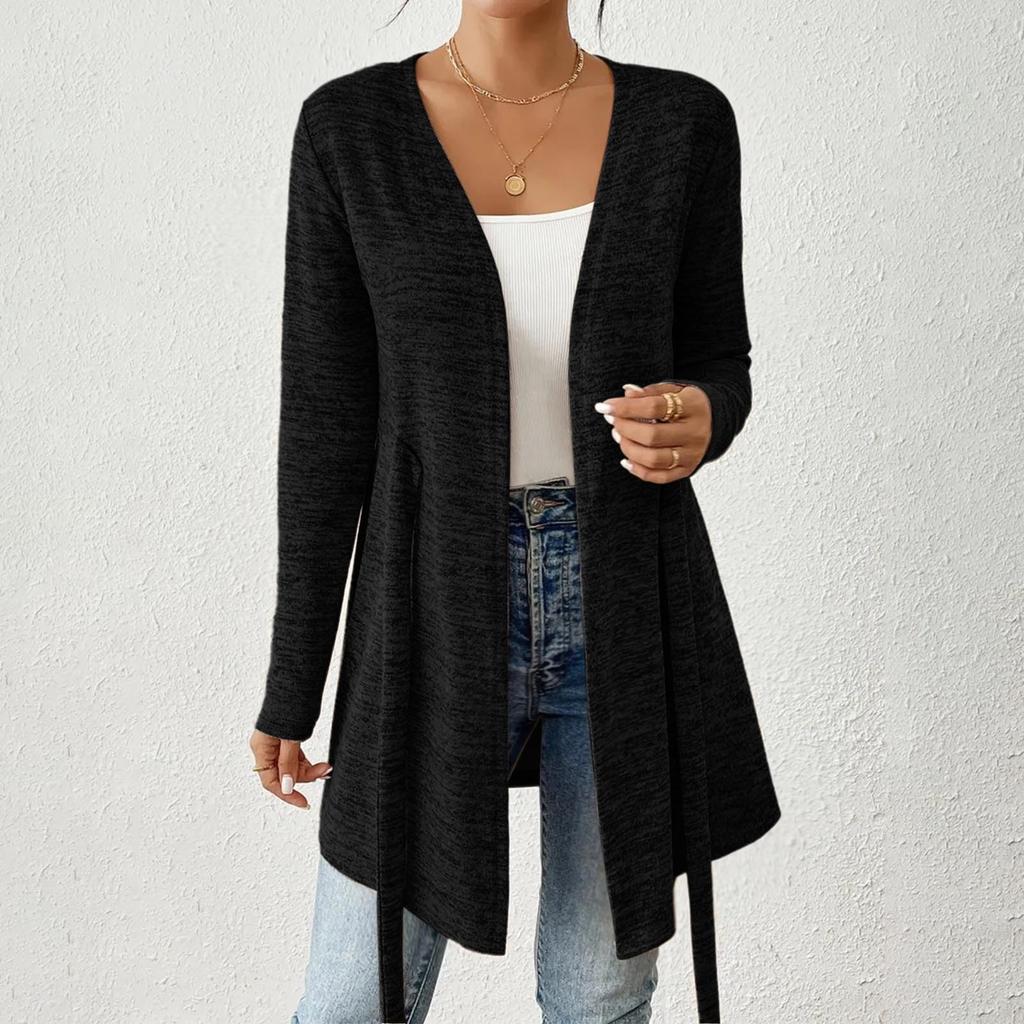 Women's Fashion Solid Color Long Sleeve Tie Casual Loose Cardigan Tops Jacket