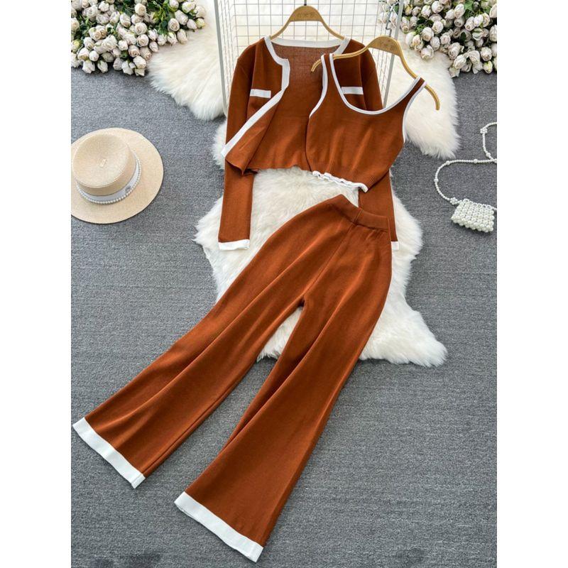 Fashion Suit K-style Long Sleeves Contrast Color Knitting Cardigan Coat Vest Three-Piece Set High Waist Slimming and Straight Loose Pants