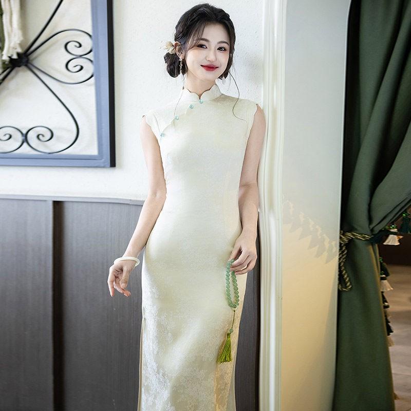 Elegant White Cheongsam Dress 2026 Long Sleeveless Chinese Style Vintage Womens Daily Wear Small