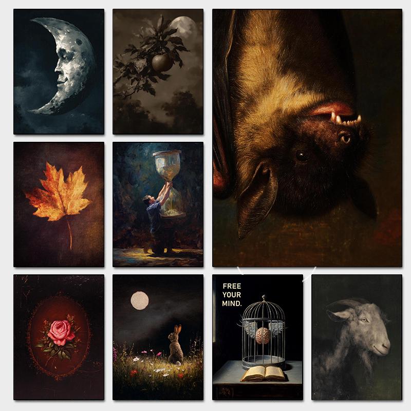 Nastrojowe Gotyckie Śpiący Nietoperz Anioł Plakaty Kwiat Stokrotki Klepsydra Kozie Nadruki Obraz na Płótnie Obrazy Ścienne Wystrój Domu Salonu