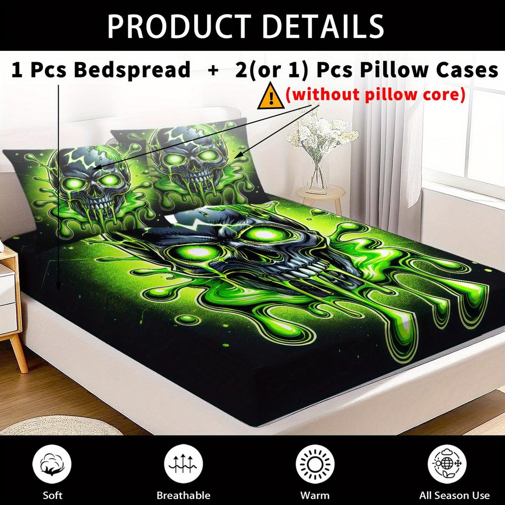 Green Slime Skull Fitted Sheet Set 3D Print Bedding Set Soft And Durable Fabric For Teens Bedroom Decor