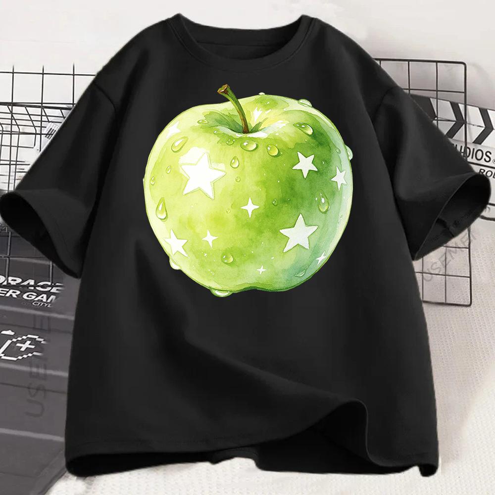 Zielone Jabłko Graficzny T-shirt Damski Uroczy Akwarelowy Nadruk Owocowy Koszulka Codzienny Krótki Rękaw Letni Luźny Harajuku Estetyczny Top