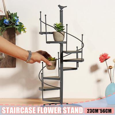 Support à plantes décoratif moderne en fer Étagère à succulentes Forme d'escalier Jardin de bureau Support à fleurs à 8 niveaux + plaque en bois