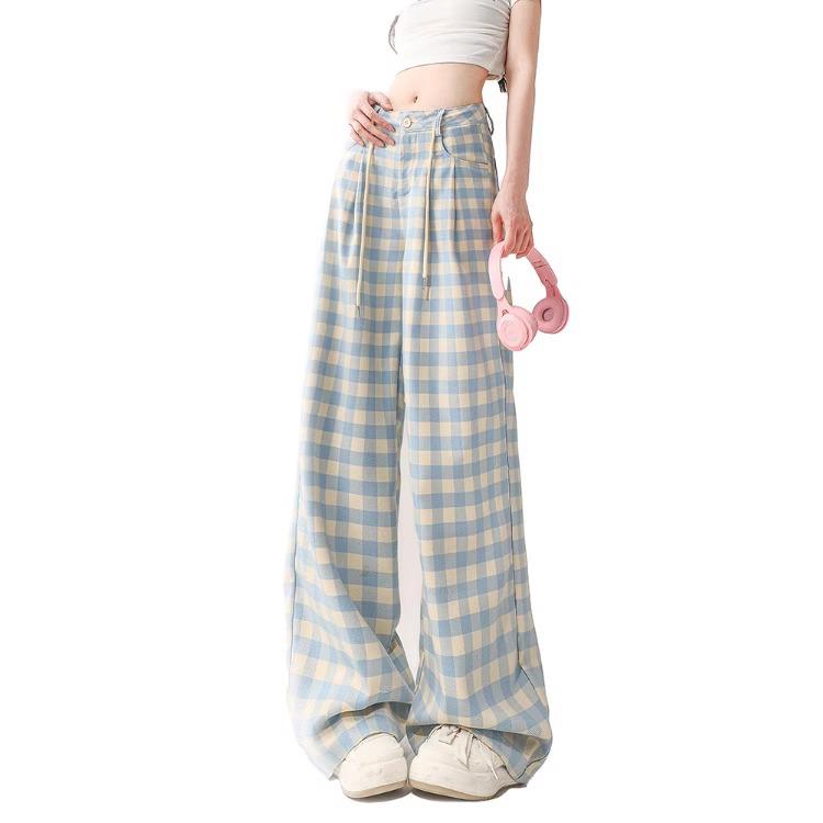 

Plus Size Blue Plaid Wide-Leg Drawstring Trousers for Women Extra Large синий