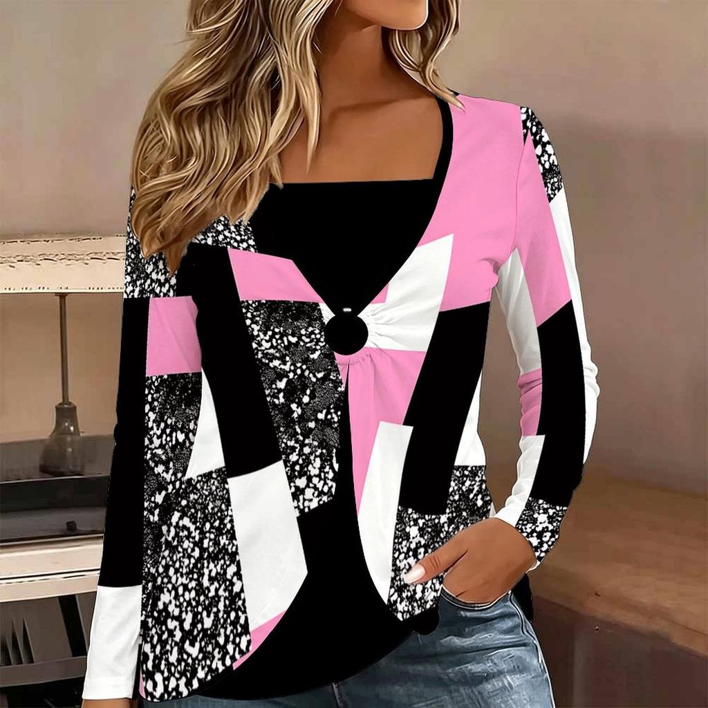 Tops for Women Floral Print Long Sleeve Fake Two‑Piece Top Fall Casual Slim Pullover Women's Long Sleeve Top