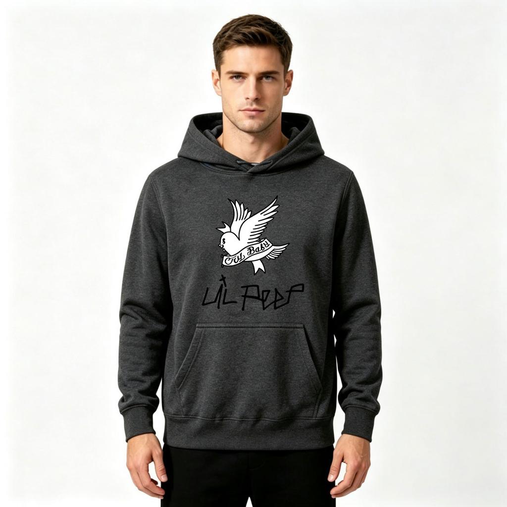 Men's Lil Peep Cry Baby Flying Dove Graphic Printed Hoodie Casual Street Style Long Sleeve Pullover Hooded Sweatshirt for Men Daily Wear