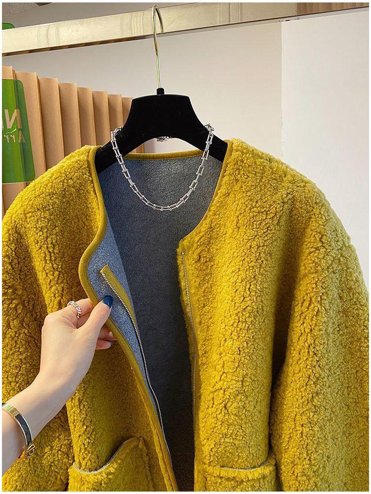 Women's Winter 2025 Soft Yellow Lambswool Coat - Loose, Thick, and Fluffy