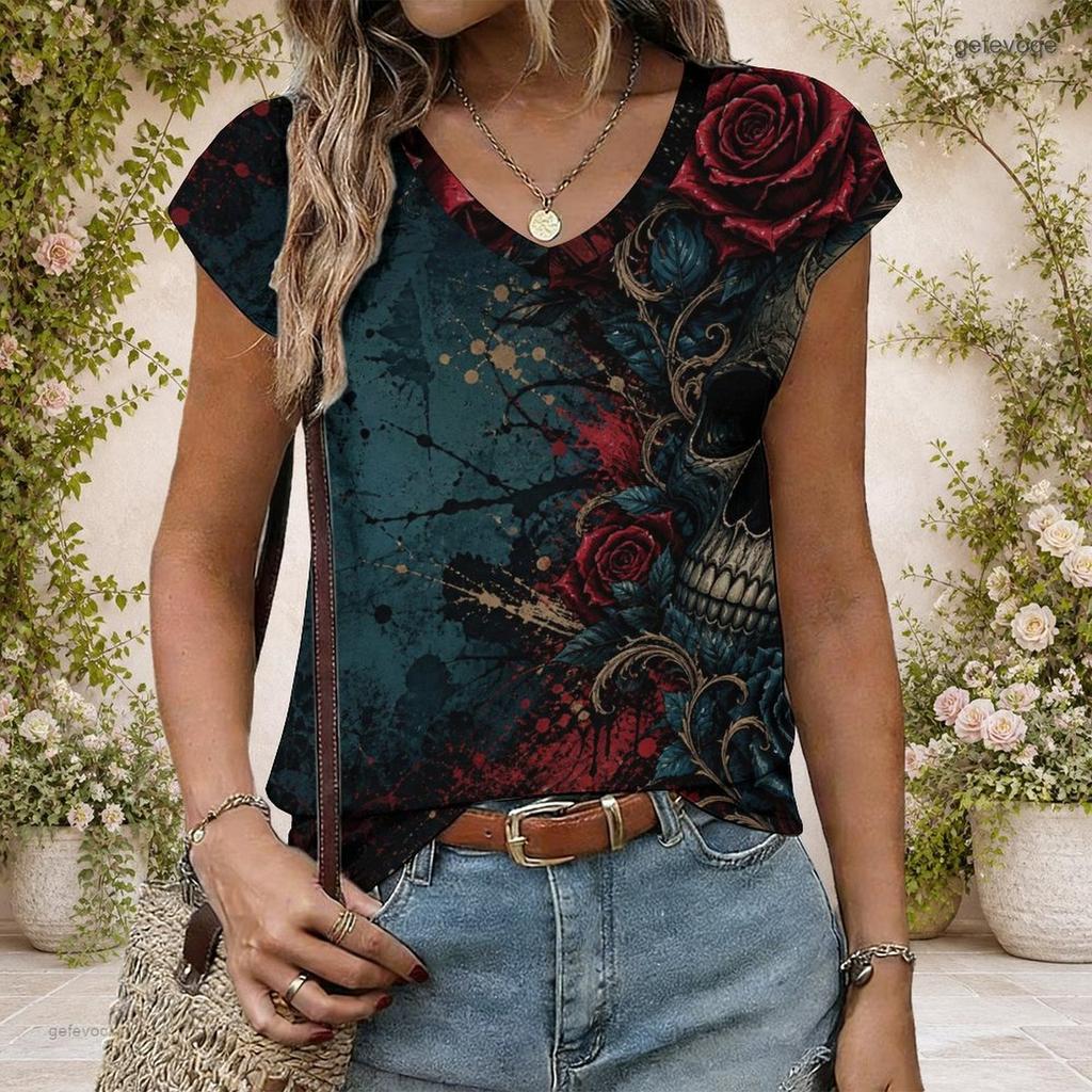 Women Plus Size V Neck Wide Short Sleeve Skull Moon Printed Black T Shirt