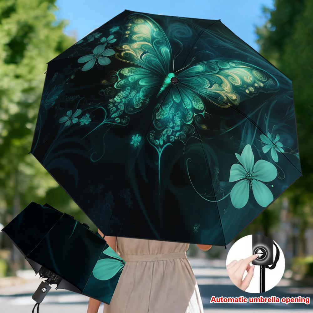 

1pc Automatic Umbrella with Glowing Green Butterfly & Teal Nightdream Design,, Auto Open/Close, 8-Rib Sturdy Frame, Compact Po (as the picture,Iron&8K)
