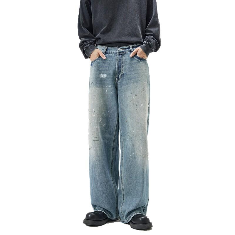 Retro Ink Splashing Print Jeans Men's Old Washed Loose Casual Autumn American High Street Straight Trousers