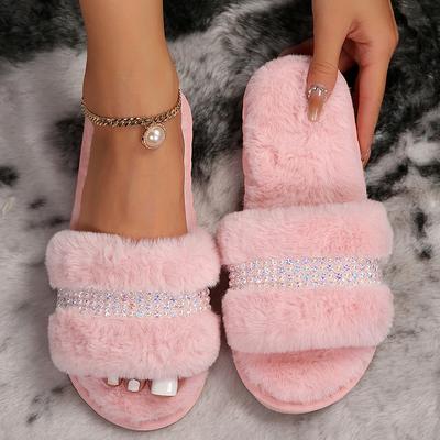 Fashion Fashion Pearl Fluffy Fur Slides for Woman Luxury Rhinestone Decor Indoor Home Slippers Women Open Toe Plush Warm Winter Slippers
