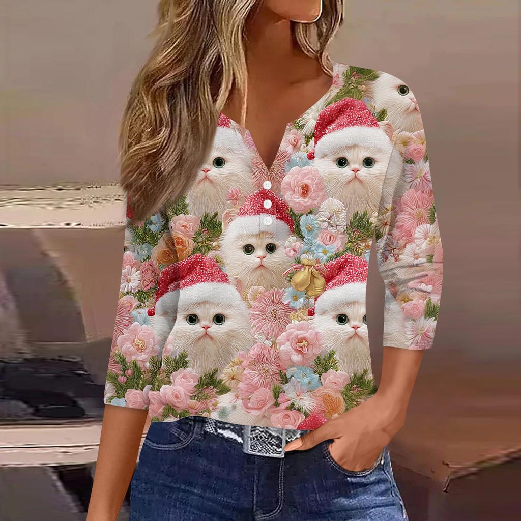 Damenmode Lässig Halloween Bedruckt V-Ausschnitt Kurzarm Zierknopf Dreiviertelarm T-Shirt Top