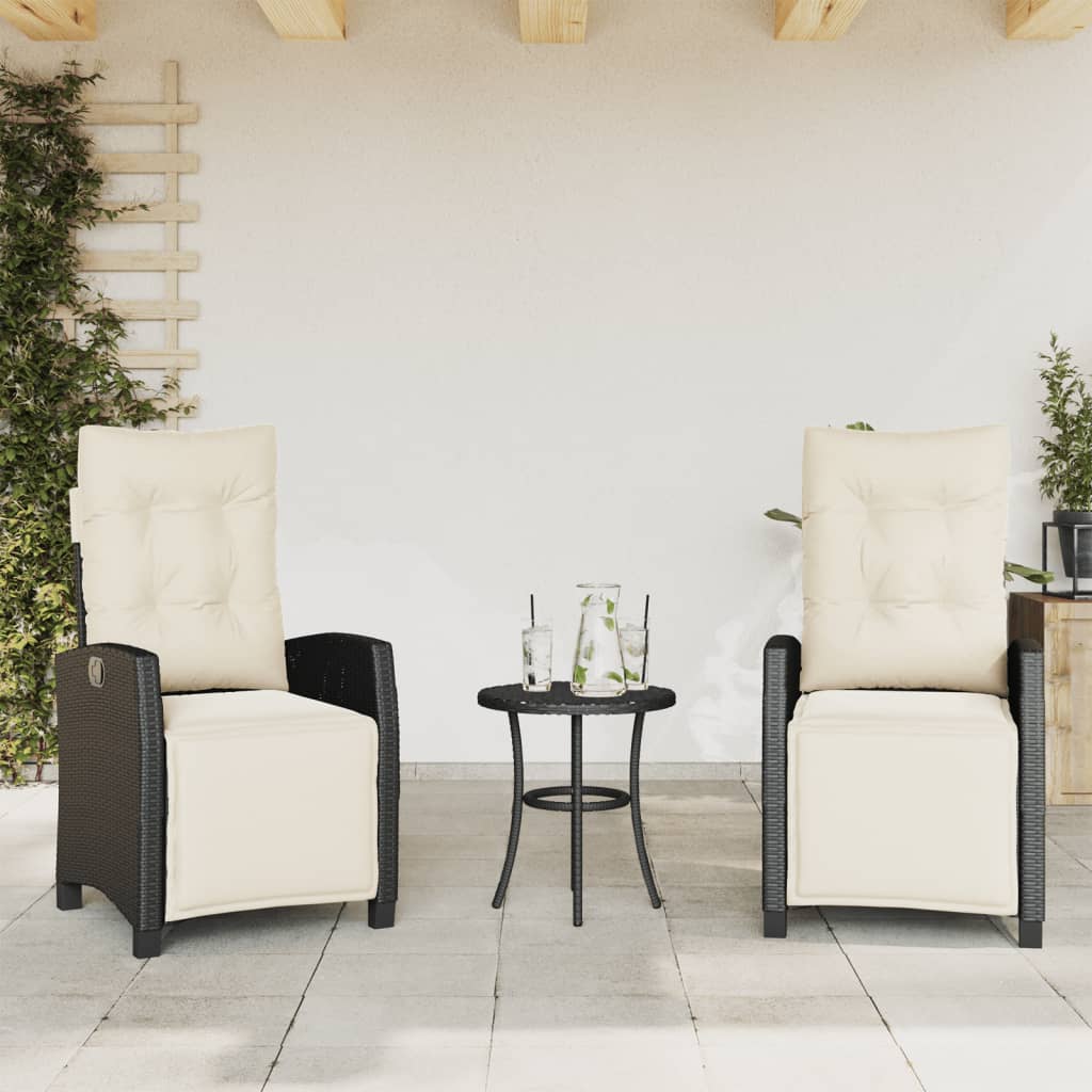 3 Piece Bistro Set with Cushions Black Poly Rattan