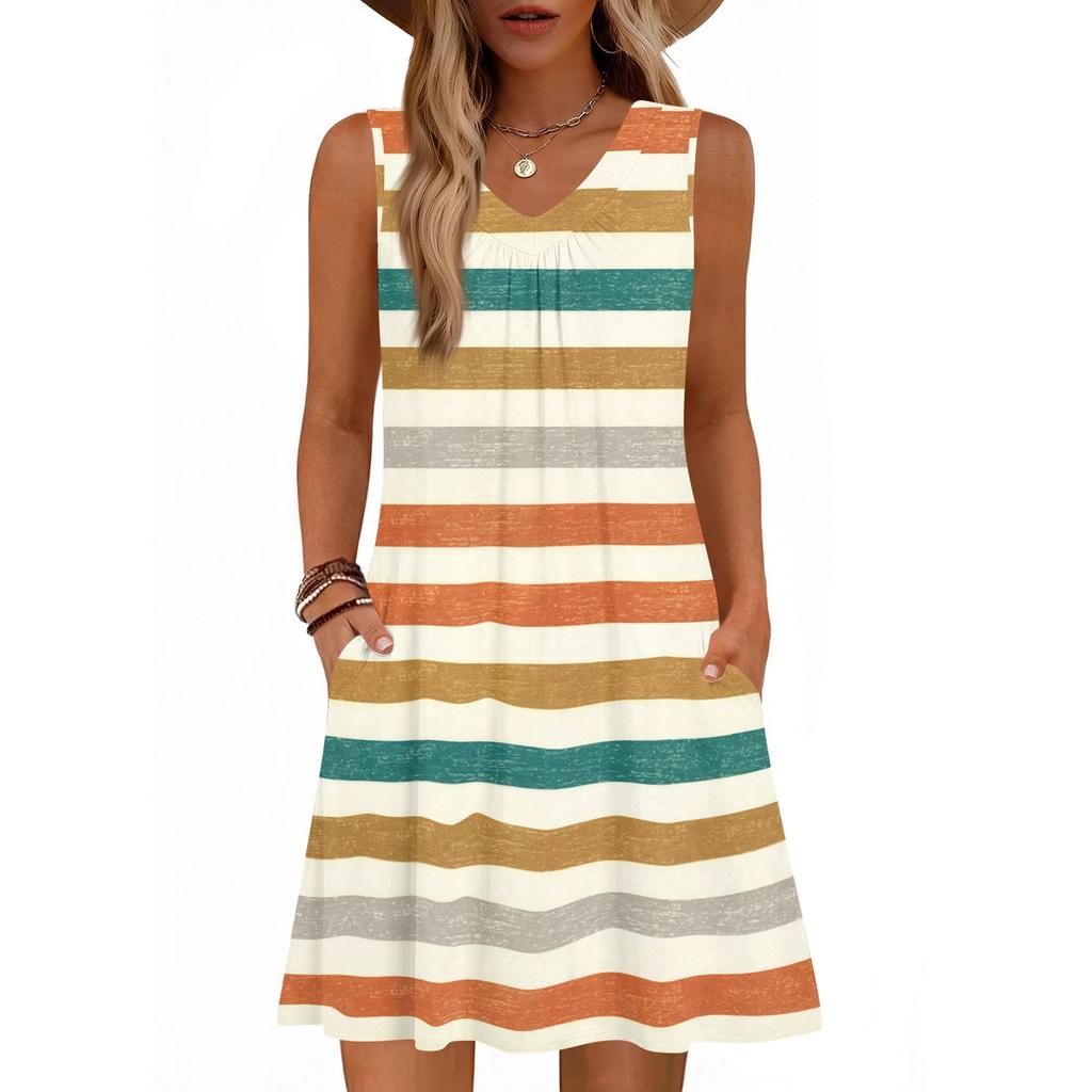 Dámské módní letní tílko bez rukávů s V-výstřihem, s kapsou, ležérní volné šaty