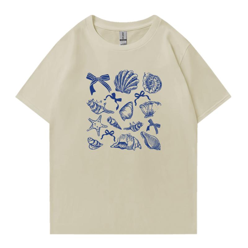 Hot sale Women's Ocean Animal Conch Bow Pattern Oversized t-shirt Unisex Cotton Men Women Casual short sleeve t-shirt Summer Top