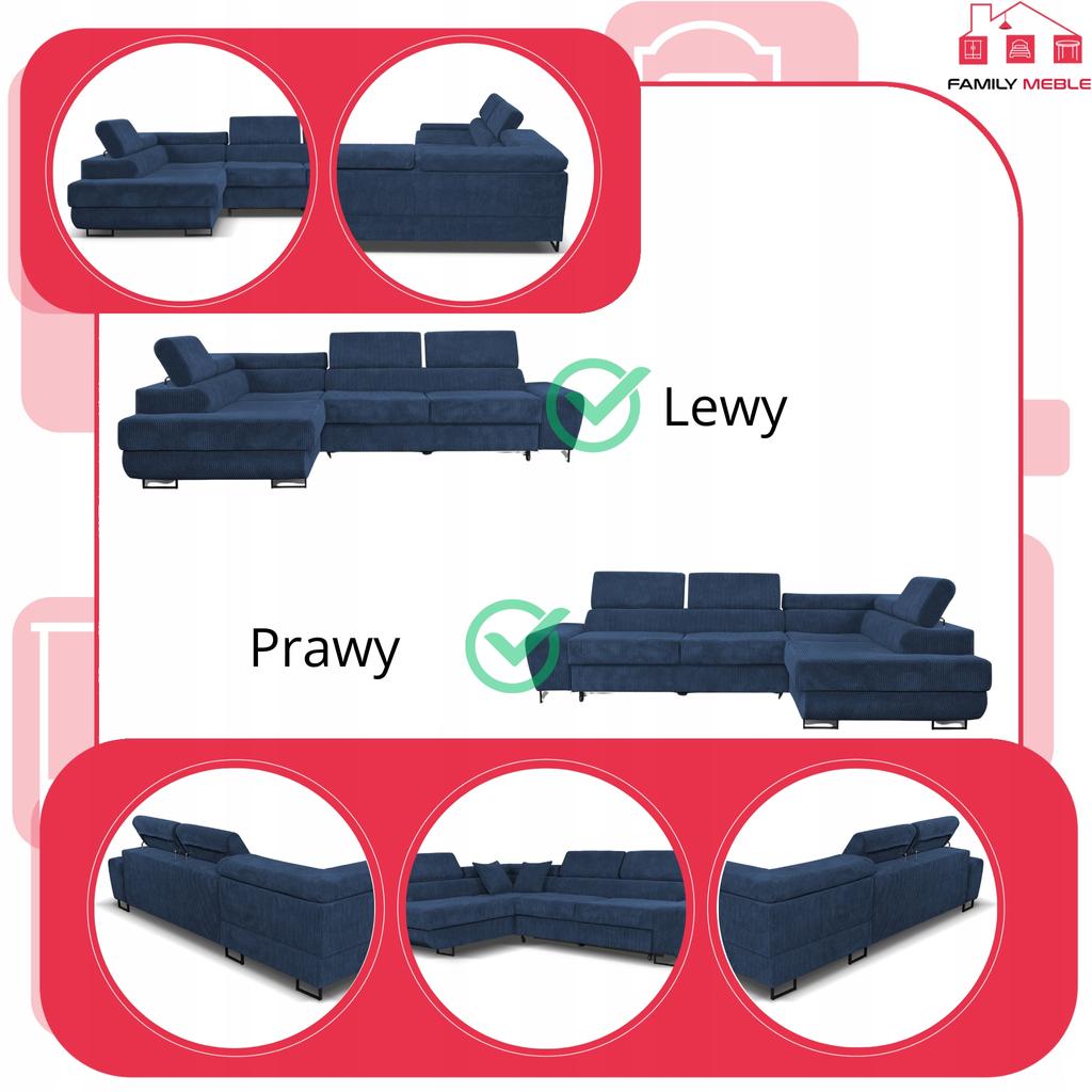 Corner Sofa, Foldable, F, Sleeping, Savio, Left, Family Furniture, Navy Blue, Corduroy
