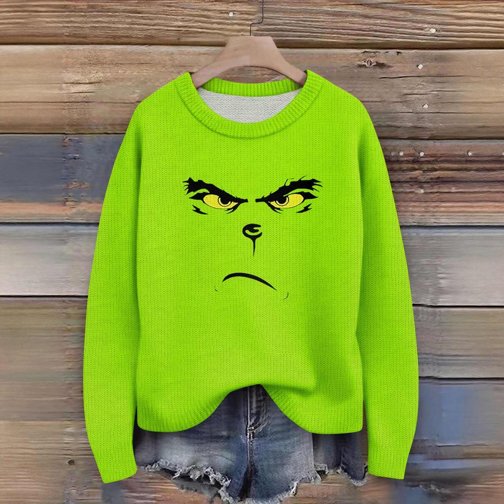 Long Sleeve Pullover Sweaters For Women O Neck Casual Cute Printing Knit Oversized Sweater