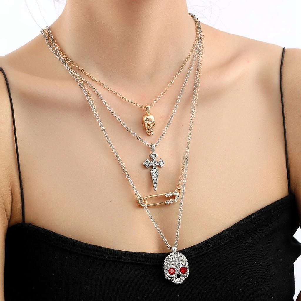 Halloween Cross Skull Pendant Necklace With Alloy And Water Wave Chain For Women