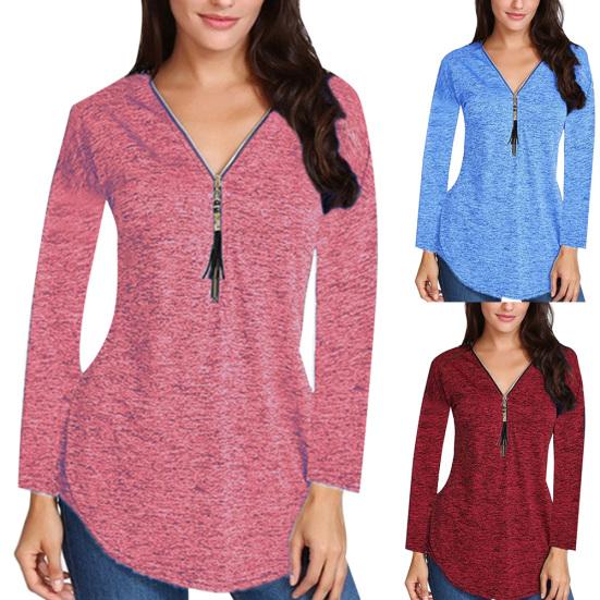 

Fall Plus Size Women Solid Color Zip Up V Neck Long Sleeve