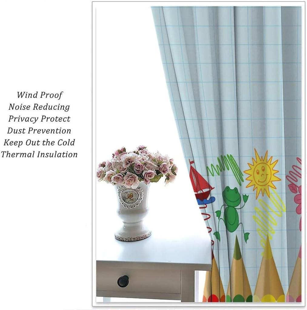 Kids Cartoon Pencil Curtains Colorful Crayons Art Printed School Curtain Nursery Bedroom Living Room Home Polyester With Rod Pocket Washable Sitting