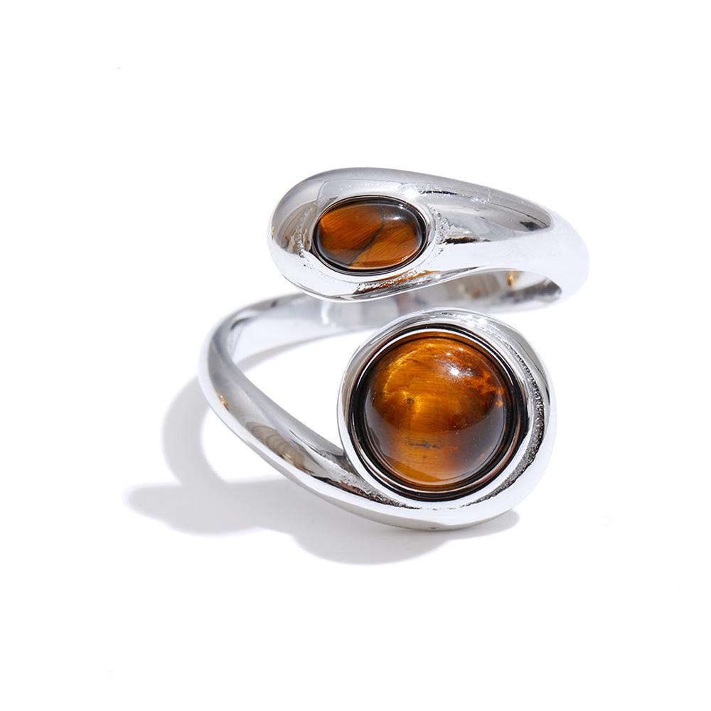 Yhpup Size 8 Natural Tiger Stone Simulated Pearls Finger Ring for Women Stainless Steel Trendy Fashion Daily Jewelry PVD Plated