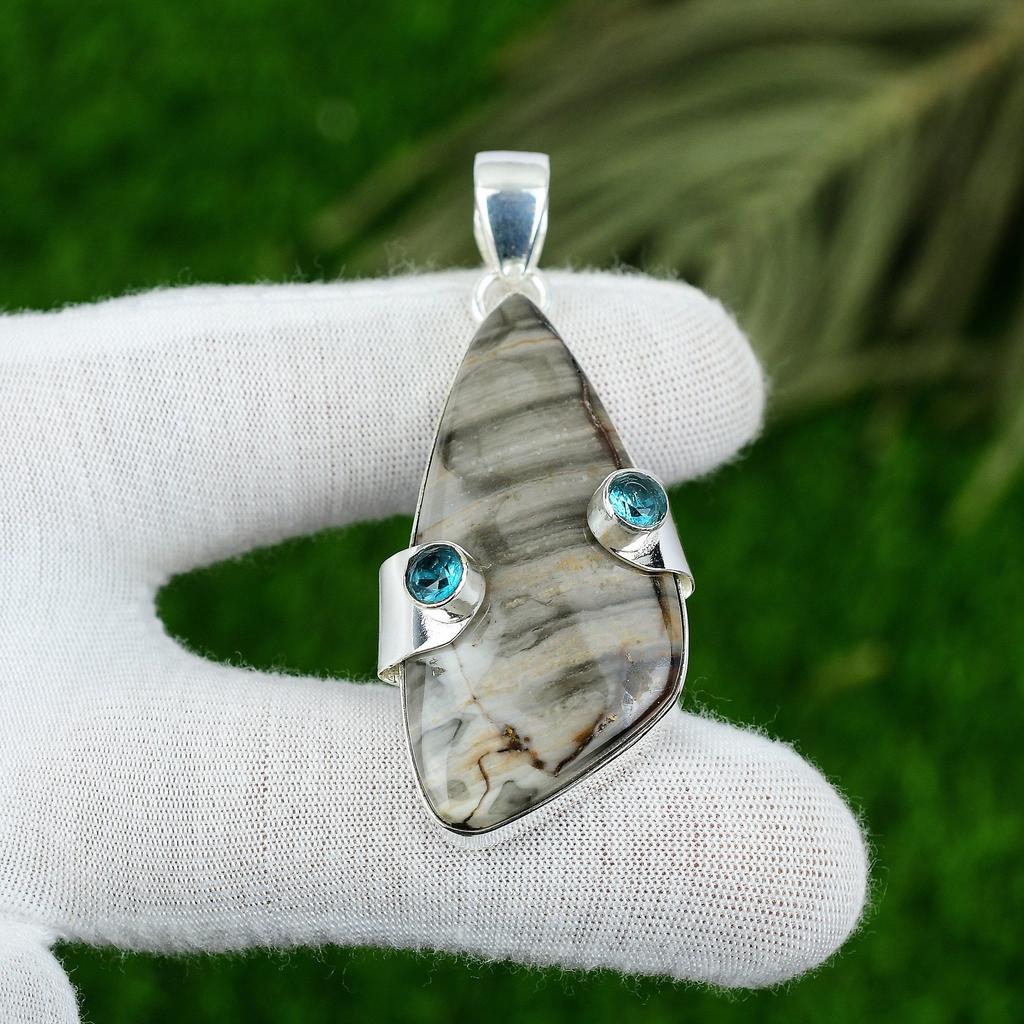Natural Silver Leaf Jasper Topaz Handcrafted Pendant Jewelry 925 Sterling Silver