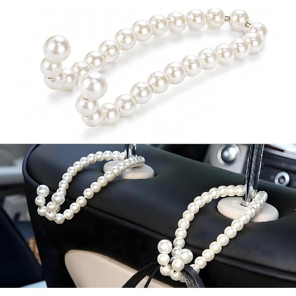 2PCS Elegant Pearl Car Seat Headrest Hook, Cute Pearl Car Seat Back Hook Storage Organizer, Exquisite Headrest Hanger Purse Holder Interior