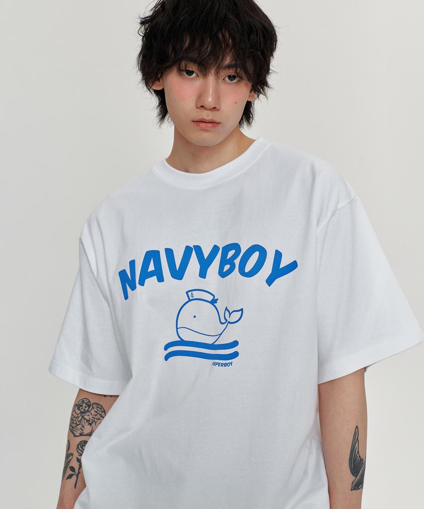PAPERBOY Navy Boy Short Sleeve T-Shirt - White Melange
