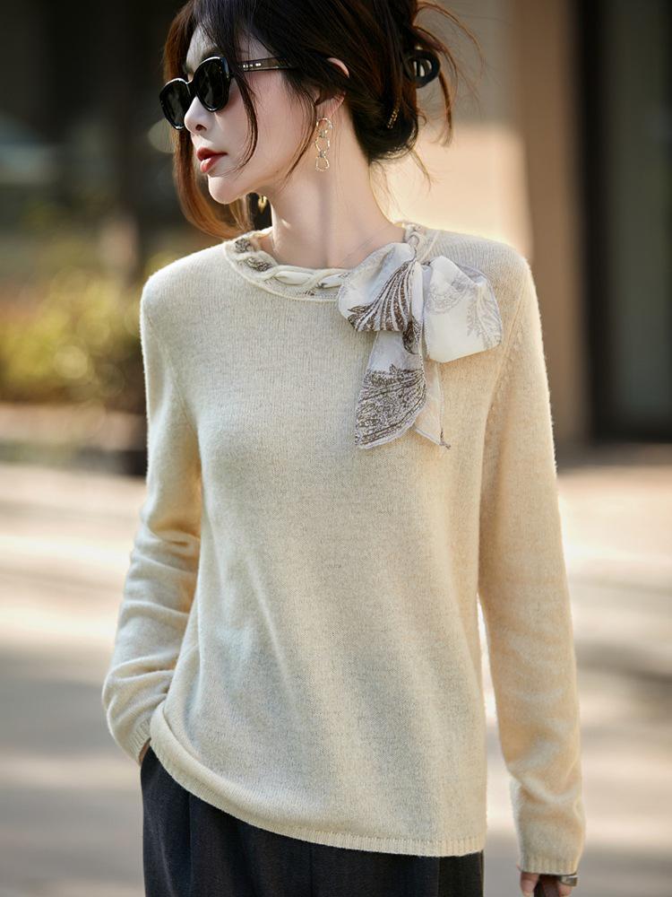 Women's Silk Bowknot Knitwear: Stylish 100% Wool Fine Knit Scarf & Base Layer Top
