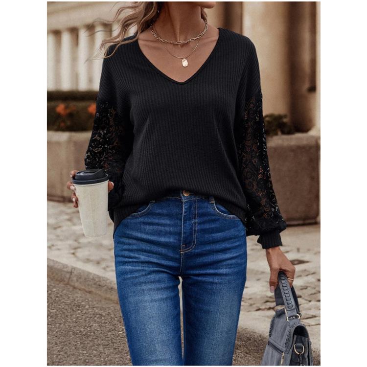 Tops Splicing Lace Sleeve Pullover Casual Long Sleeve Solid Color Loose Bottom T Shirt Women