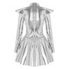 Women Stage Performance Dress Mock Neck Long Sleeve Shoulder Boards Sequin Hearts Metallic Tulle Lining Back Invisible Zipper for Halloween Party