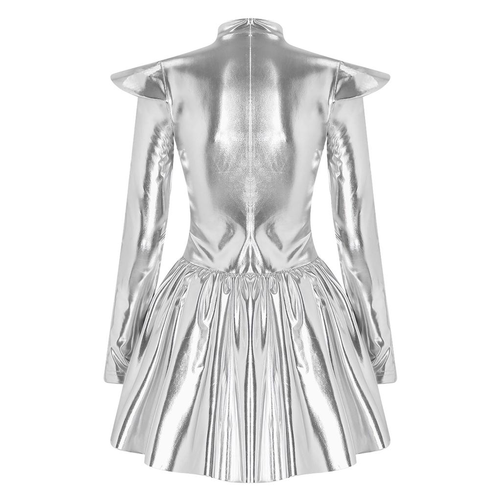 Women Stage Performance Dress Mock Neck Long Sleeve Shoulder Boards Sequin Hearts Metallic Tulle Lining Back Invisible Zipper for Halloween Party