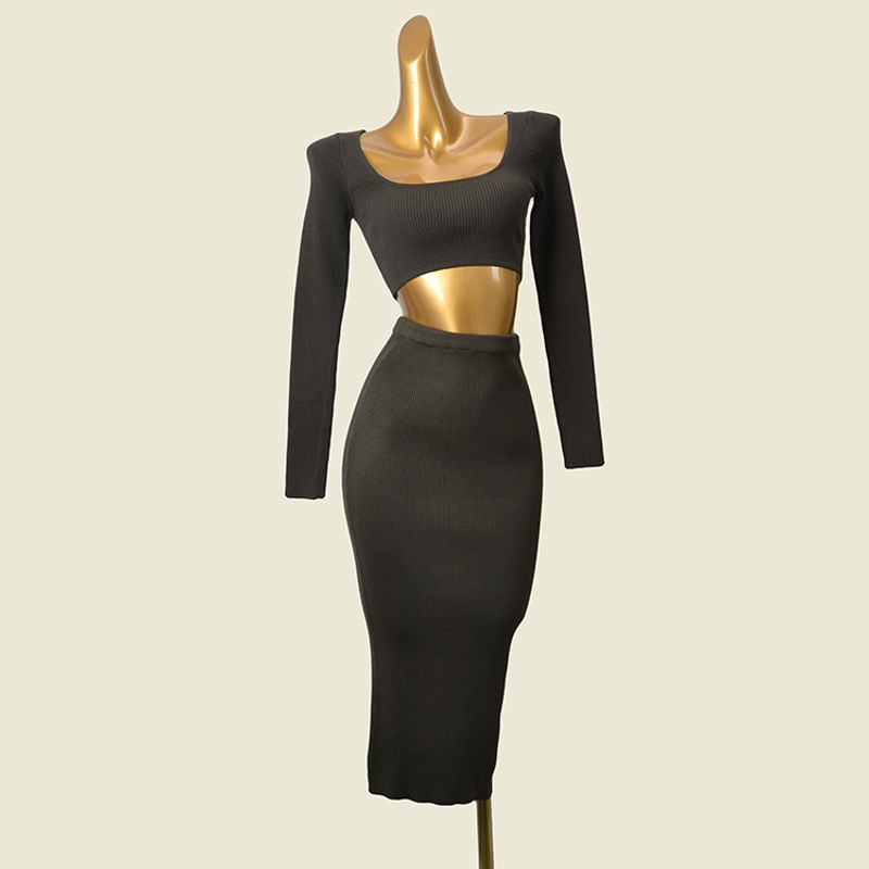 

Западный стиль Квадратный воротник Короткий до пупка Длинный рукав Вязаный + Утопленная полоска Высокая эластичность Облегающее Прямое платье-футляр Костюм из двух предметов Army Green(Skirt short 15cm Length 75) M