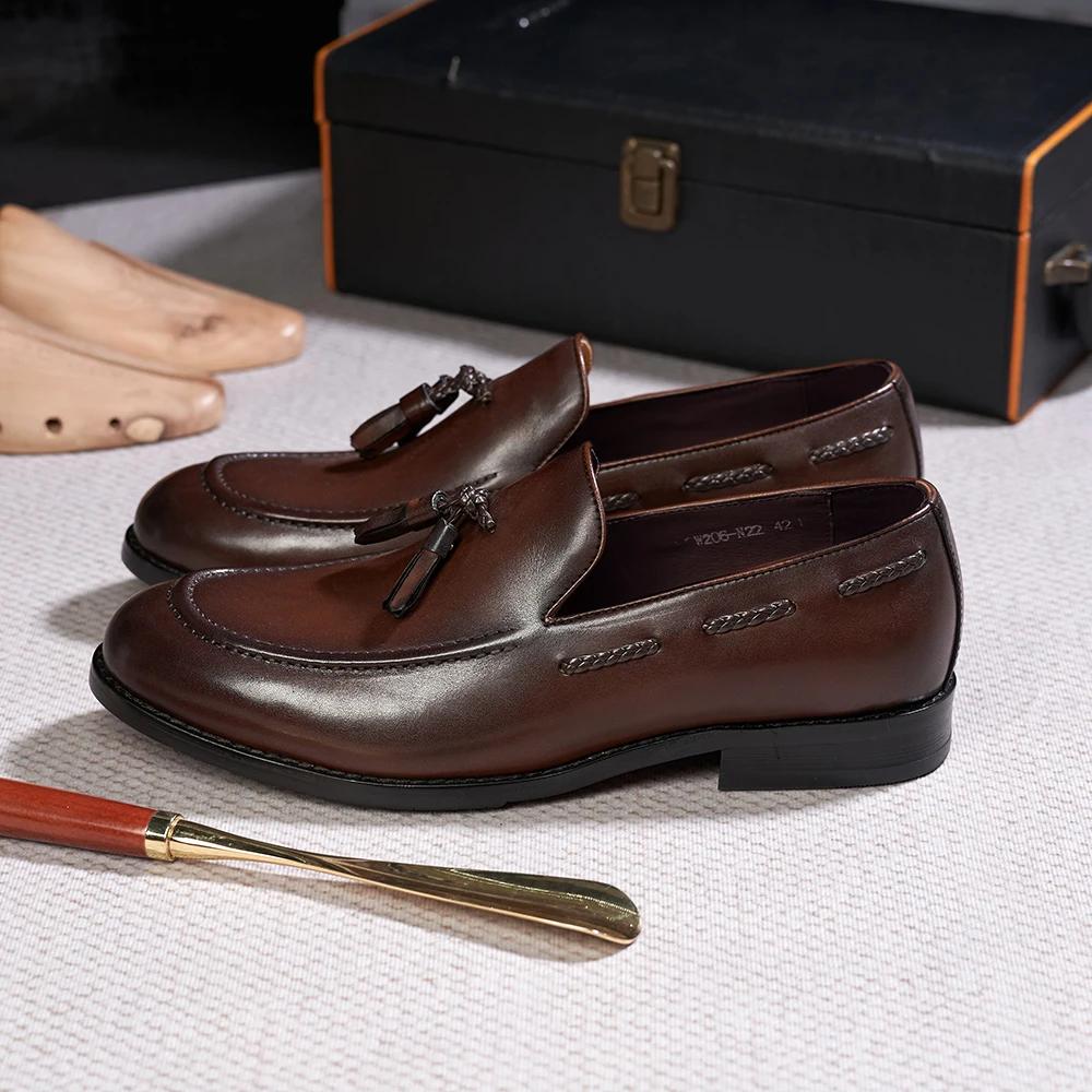 Fashion Classic Men's Genuine Leather Tassel Loafers Handmade Slip-On Casual Shoes Comfortable for Office Wedding Dressing Daily Wear