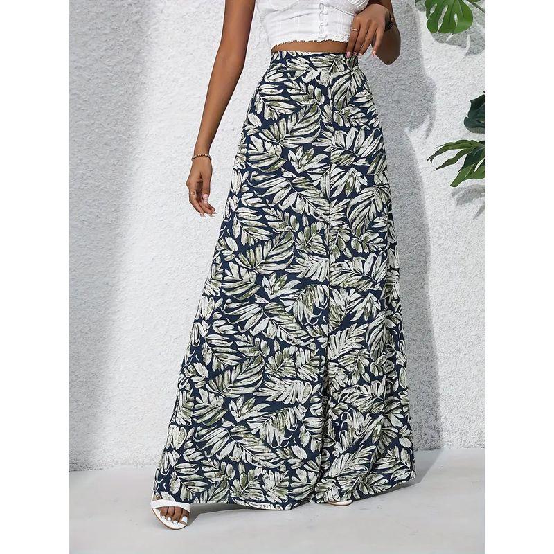 Cross-Border Bohemian Style Autumn New Fashion Leaves Print Loose Casual Elastic High Waist Wide Leg Pants Trousers