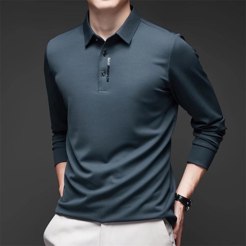 Camisa nueva de manga larga para hombre de negocios casual con insignia, polo de color sólido, moderna, transpirable, cómoda, versátil