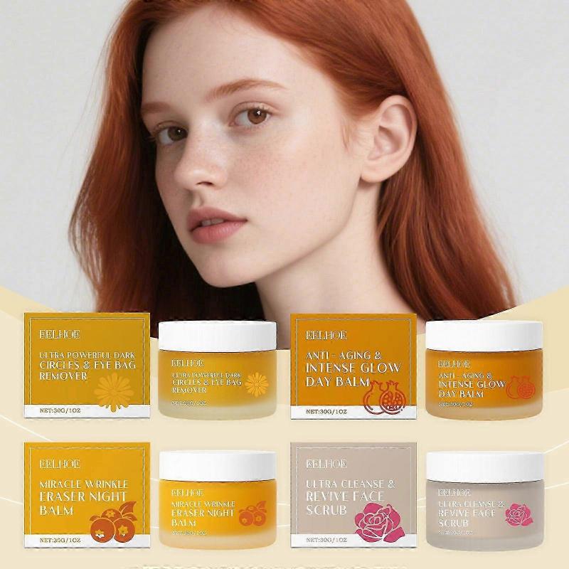 Organic Mature Women Skin Care Set - Rose Revive Face Scrub, Anti-Aging & Intense Glow Day Balm, Anti-wrinkle Night Balm, Dark Circles & Eye Bag