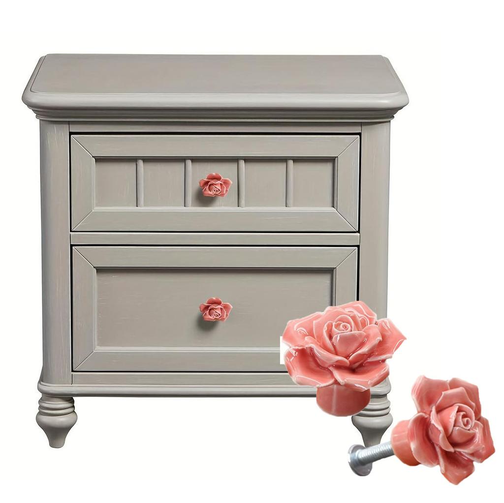4 Pcs Pink Rose Ceramic Knobs - Vintage Pulls for Kitchen Cabinets, Dressers, Closets. Comes with 3 Sizes of Screws.