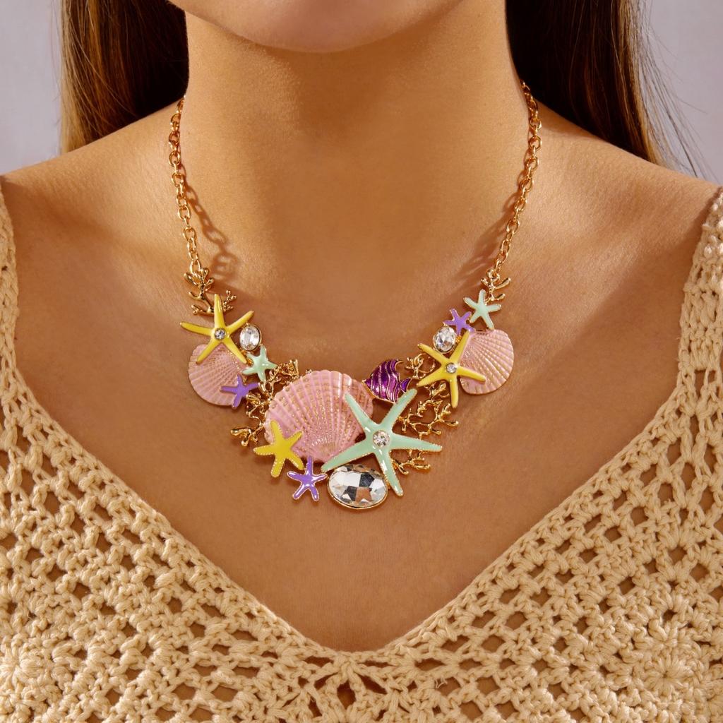 Summer Rhinestone Colorful Enamel Starfish Shell Fish Coral Necklace For Women Men Bohemian Star Beach Vacation Choker Jewelry