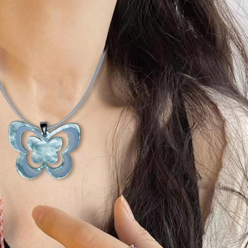 Charming Countryside Style Butterfly Necklace Acrylic Butterfly Charm Clavicle Chain Crystal Cord Choker Jewelry Gift