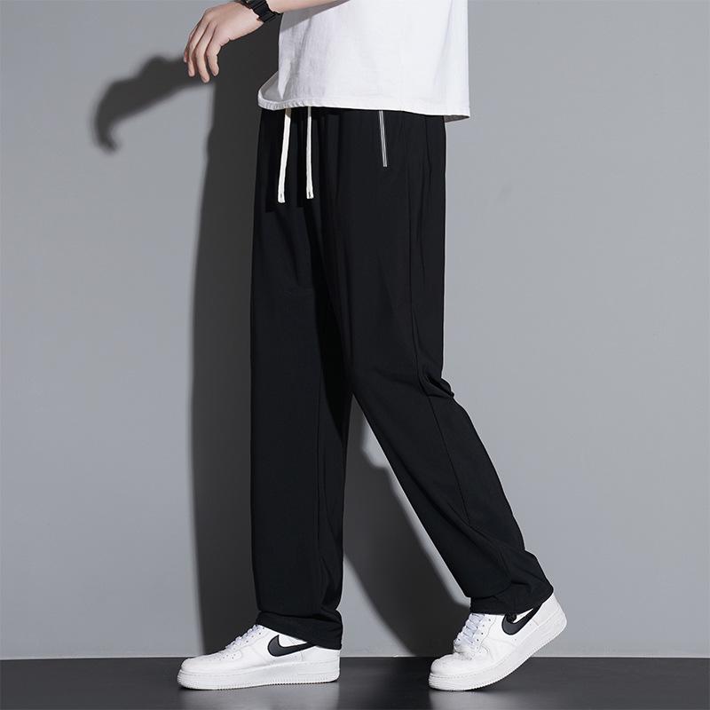 Extra dlouhé 120cm letní kalhoty z ledového hedvábí pro vysoké muže - Tenké s rovnými nohavicemi a 110cm plochou nohavicí se stahovací šňůrkou