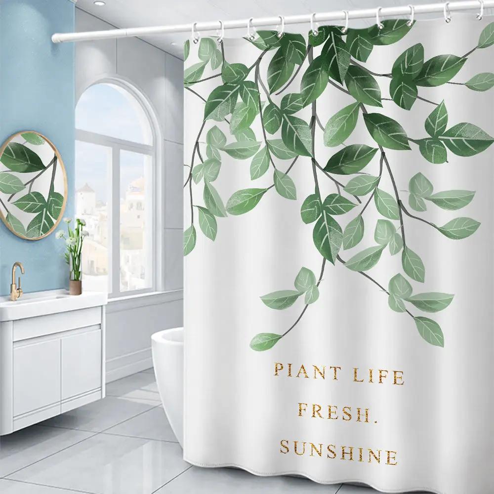 Purple Hydrangea Flower White Shower Curtain Landscape 3D Green Plant Waterproof Polyester Bathroom Curtains Bath Screen Decor