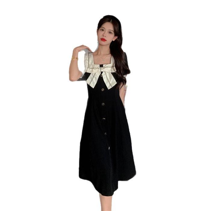 Retro Hepburn Style Square Neck Bow Dress Women's Summer New Temperament High-end Skirt
