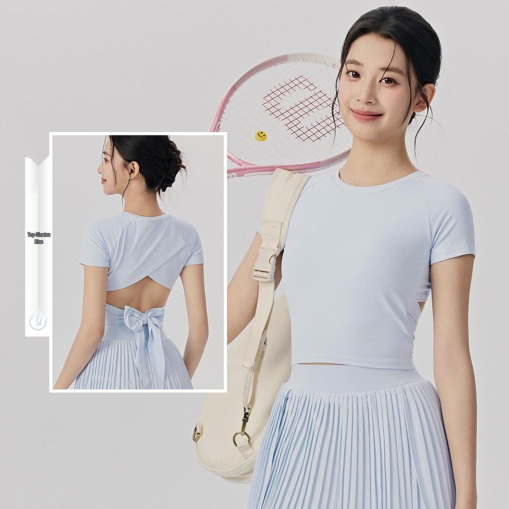 Women's Short Sleeve Yoga Suit & Pleated Tennis Skirt Set