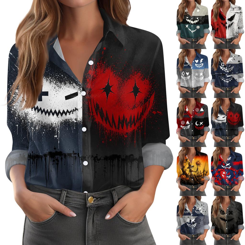 Women's Button-Down Shirt Long Sleeve Casual Halloween Print Top