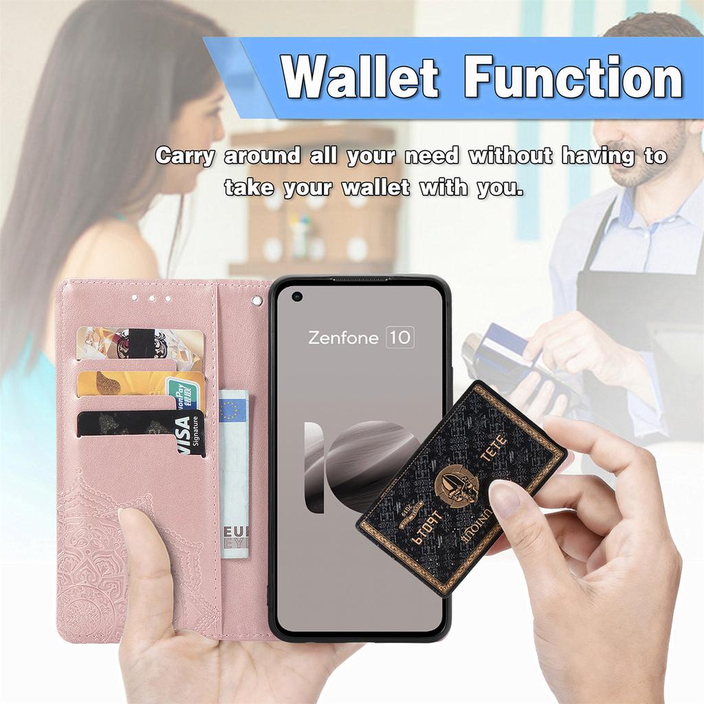 For Asus Zenfone 10 5G Case Wallet with Card Holder Embossed Mandala Pattern PU Leather Cover
