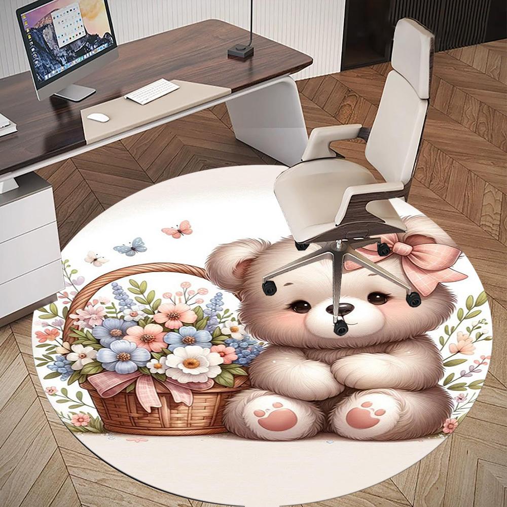 1PC Teddy bear Basket of flowers Bow Round Chair mat Area Rug - Non-Slip, Floor Mat for Office, Bedroom, home decor Christmas Gift c0528052