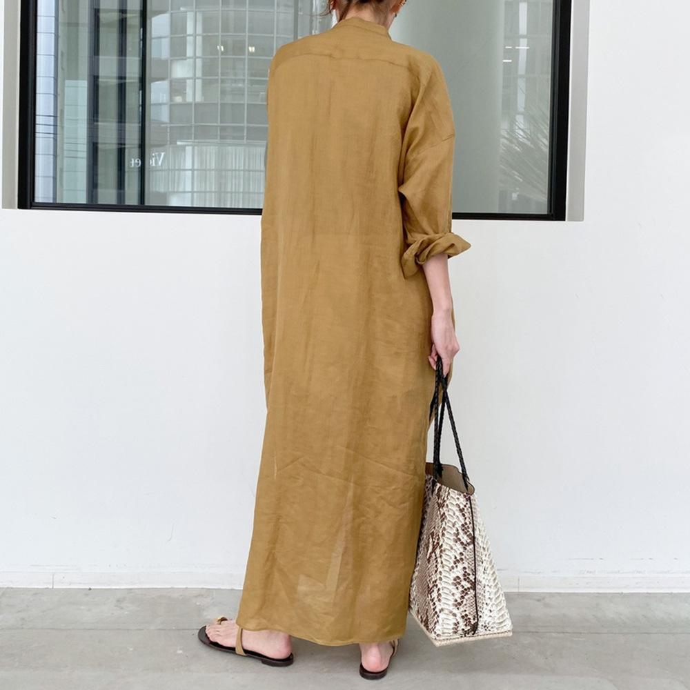 Women Korean Style Long Sleeve Solid Shirt Dress Loose Maxi Dresses Vintage Cotton Linen Robe Femme