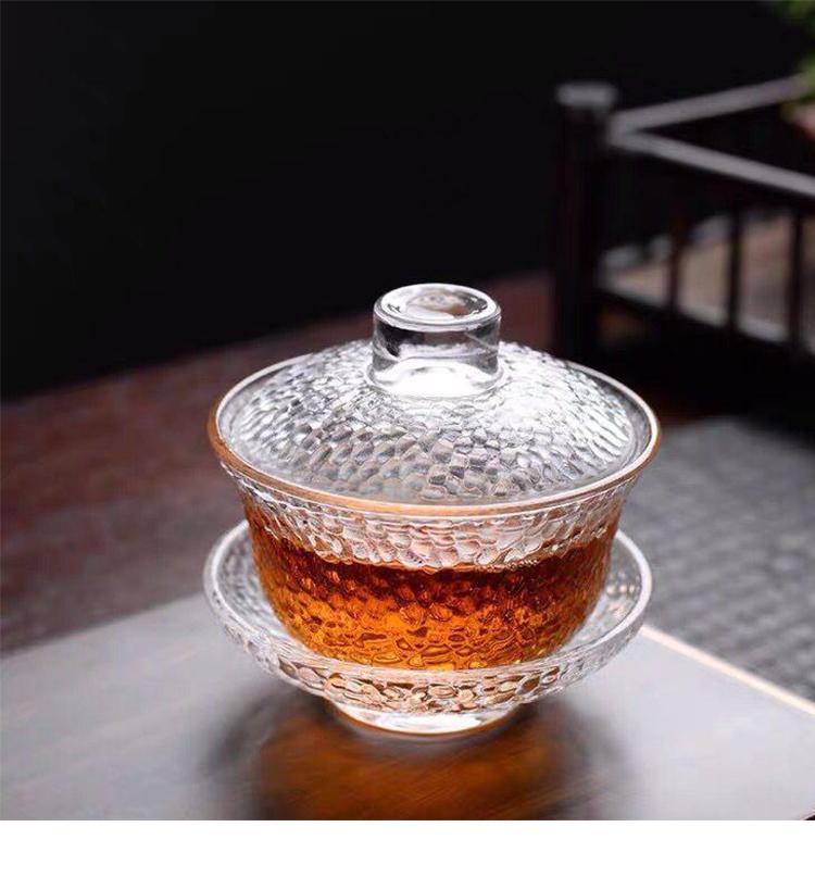 Ciotola di copertura in vetro Motivo Martellato Gaiwan Porcellana Servizio da tè Kung fu Ciotola da tè resistente al calore Cerimonia del tè tradizionale cinese