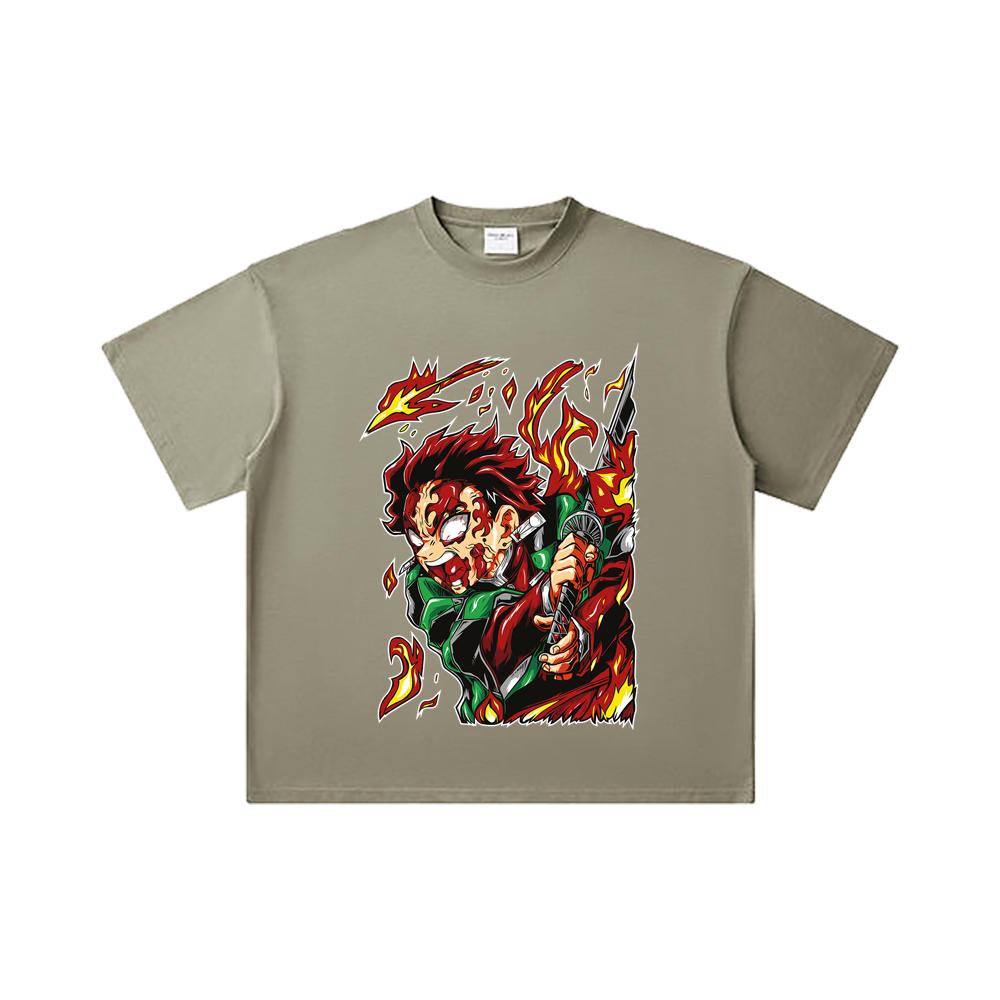 260 GSM Double Yarn 32 Count 100% Cotton Demon Slayer V101 Tanjiro Print Unisex Heavy Cotton T Shirt